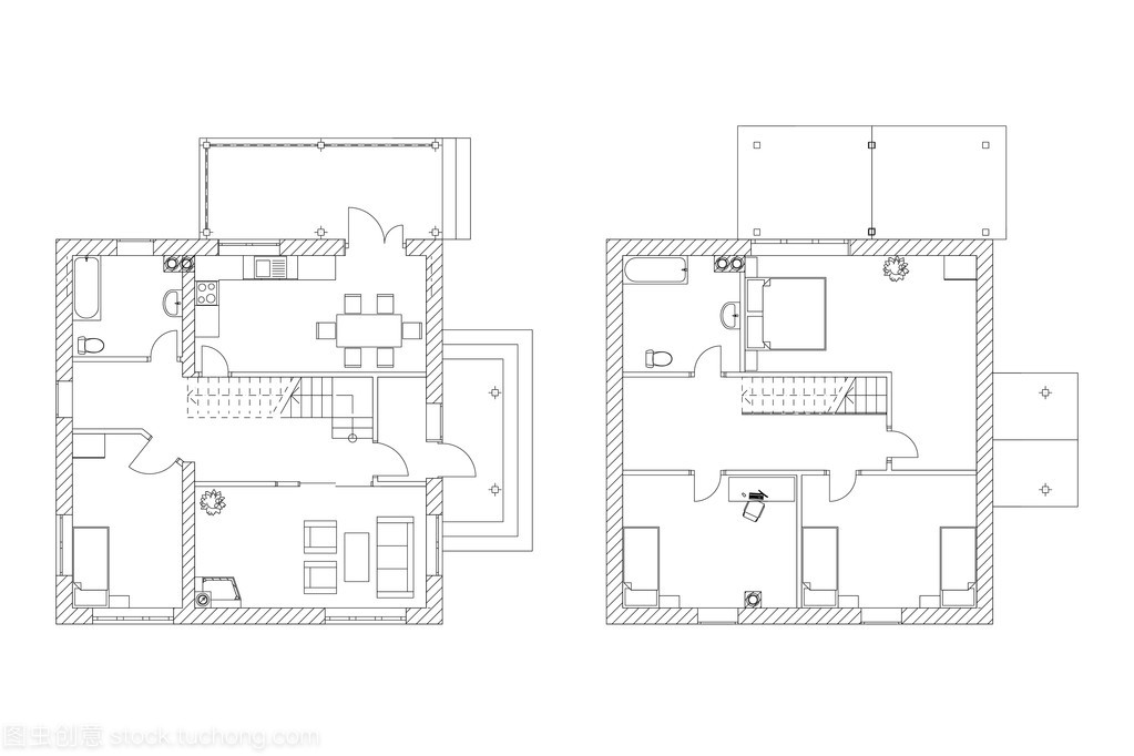 黑色和白色建筑平面图的现代公寓。矢量室内设计。建筑的观念形态